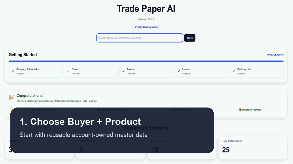 15-second Trade Paper AI demo showing Buyer and Product selection, Export Wizard, Shipment Tracking, and Document Package